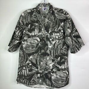 Vintage Angels Flight Fish Print Black White Cotton Button Up Shirt Size Medium
